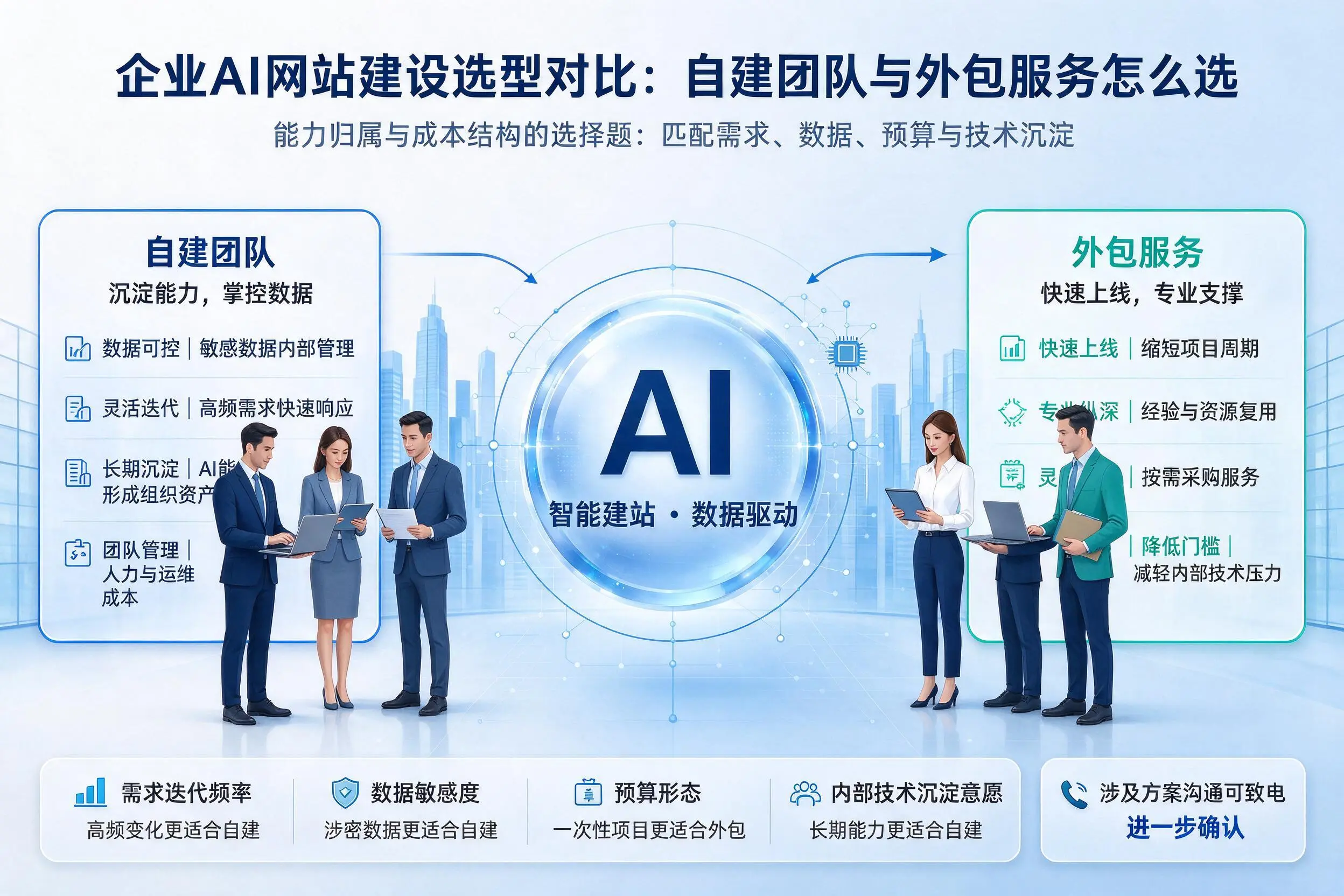 琼中企业AI网站建设选型对比：自建团队与外包服务怎么选